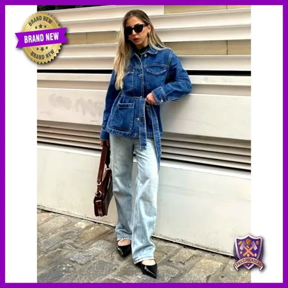 Oversized Denim Jacket Women Classic Chic Y2K Retro With Belt Long Sleeve